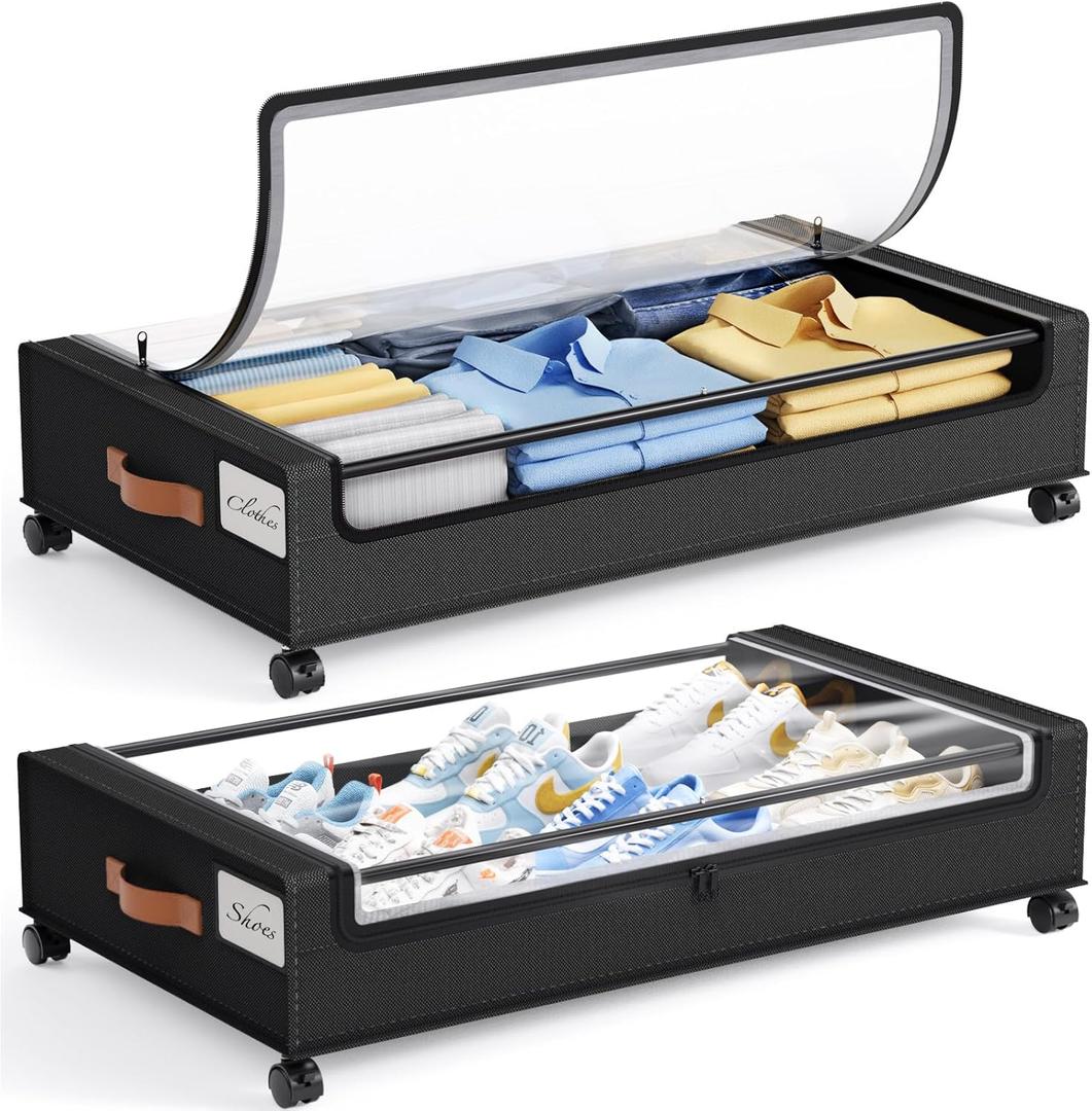 Yecaye 60L Under Bed Storage with Wheels, 2 Pack Under Bed Storage Containers, Underbed Shoe Storage with Clear Window & Label, Rolling Under Bed Metal Drawer for Clothes, Shoes, Toys, Books, Black