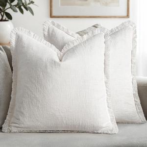 MIULEE Decorative Throw Pillow Covers Neutral Linen Fringe Throw Pillows Set of 2 White Boho Farmhouse Cushion Covers with Tassels for Couch Sofa Bed Living Room Home Spring Decor 18x18 Inch, White, 2