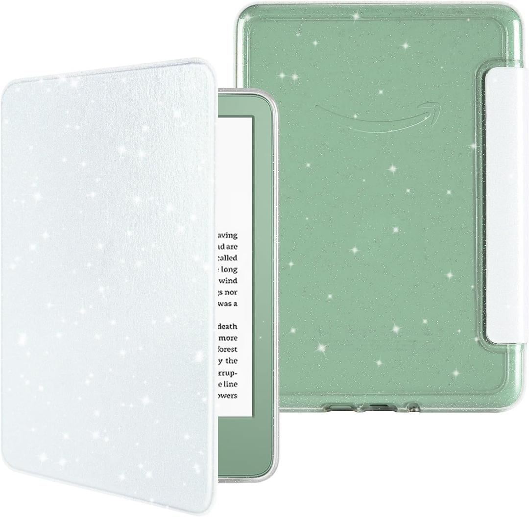 MOROCK Slim Case for All-New Kindle(11th Generation,2024/2022 Release,Model No. RS23CV/C2V2L3), Lightweight Glitter PU Leather and PC Clear Acrylic Back Cover, Auto Sleep/Wake, Glitter White