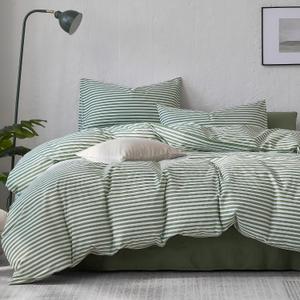 JELLYMONI Striped Duvet Cover Set - King Size Comforter Cover, Classic Green & White Stripes, 100% Cotton 3 Pcs Bedding with Zipper Closure & 8 Corner Ties for Master or Guest Bedroom