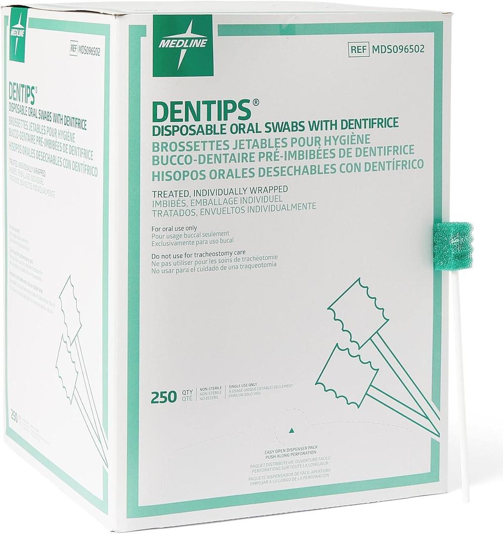 Medline Dentips Disposable Oral Swabsticks, Adult Mint Dentifrice-Treated, Green, 250 Count
