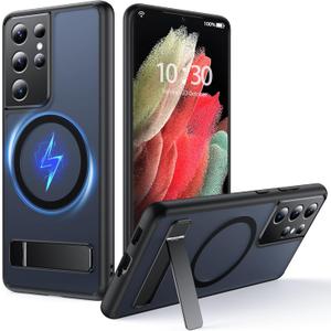 for Samsung Galaxy S21 Ultra Case with MagSafe [Adjustable Kickstand] [Charge While Standing] [Military Shockproof] Translucent Matte Soft Silicone Bumper for S21 Ultra Phone Case Slim, Black