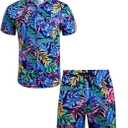 EISHOPEER Men's Flower Hawaiian Sets Casual Short Sleeve Shirt and Shorts Suits Outfits M