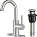 FORIOUS Single Handle Bathroom Sink Faucet 1 or 3 Hole Brushed Nickle, 360 Swivel Gooseneck Spout, Lead-Free, with cUPC Hose and Metal Pop Up Drain, Suitable for Bar Kitchen RV Vanity (Stainless Steel)