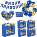 5 Senses Gift Bags For Him With Labels Tissue Paper and Handles, Comes With Birthday Decoration Rose Petals and Happy Birthday Banner Balloons for Christmas (Blue Gold, 12.6 x 8.7 x 4 inch)