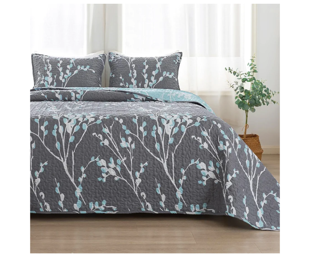Andency Queen Quilt Bedding Set Grey Blue (96x90 Inch), 3 Pieces Floral Lightweight Bedspread, Microfiber Reversible Flower Quilted Coverlet with 2 Pillowcases for Men Women