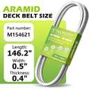 M154621 Deck Belt for John Deere 42" X300 X304 X310, 48" Z245 EZtrak Lawn Mower - Aramid Cord, 0.559" x 146.24"
