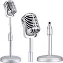 Facmogu Vintage Desktop Microphone Prop Model with Adjustable Stand, Classic Retro Style Microphone Prop Decor for Party Decoration Costume Role Play & Game Night - Silver