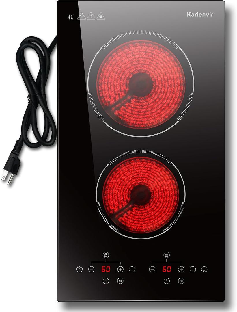 2 Burner Electric Cooktop, 110v Electric Stove with Plug, 12 Inch Countertop & Built-In Portable Electric Stove, 9 Levels of Power, 2000W, Touch Control, Safety Lock, Timer, Pause Function, Karienvir