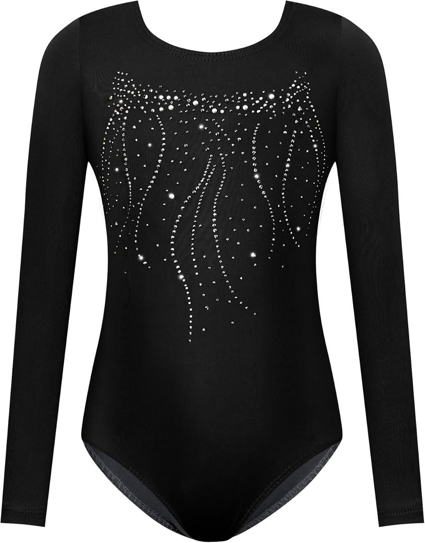 Nymphperi Girls Gymnastics Leotards Long Sleeve Kids Tumbling Outfit Stretchy Bodysuit for Practice Height 90 (2-3T, Black)