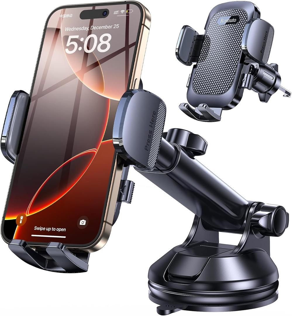 Romuto Phone Holders for Your Car Phone Holder Mount【Super Suction】Cell Phone Mount for Car Accessories for Women Men Windshield/ Vent/ Dash Truck Stand Desk Mount Clamp Holder for iPhone Samsung Camera