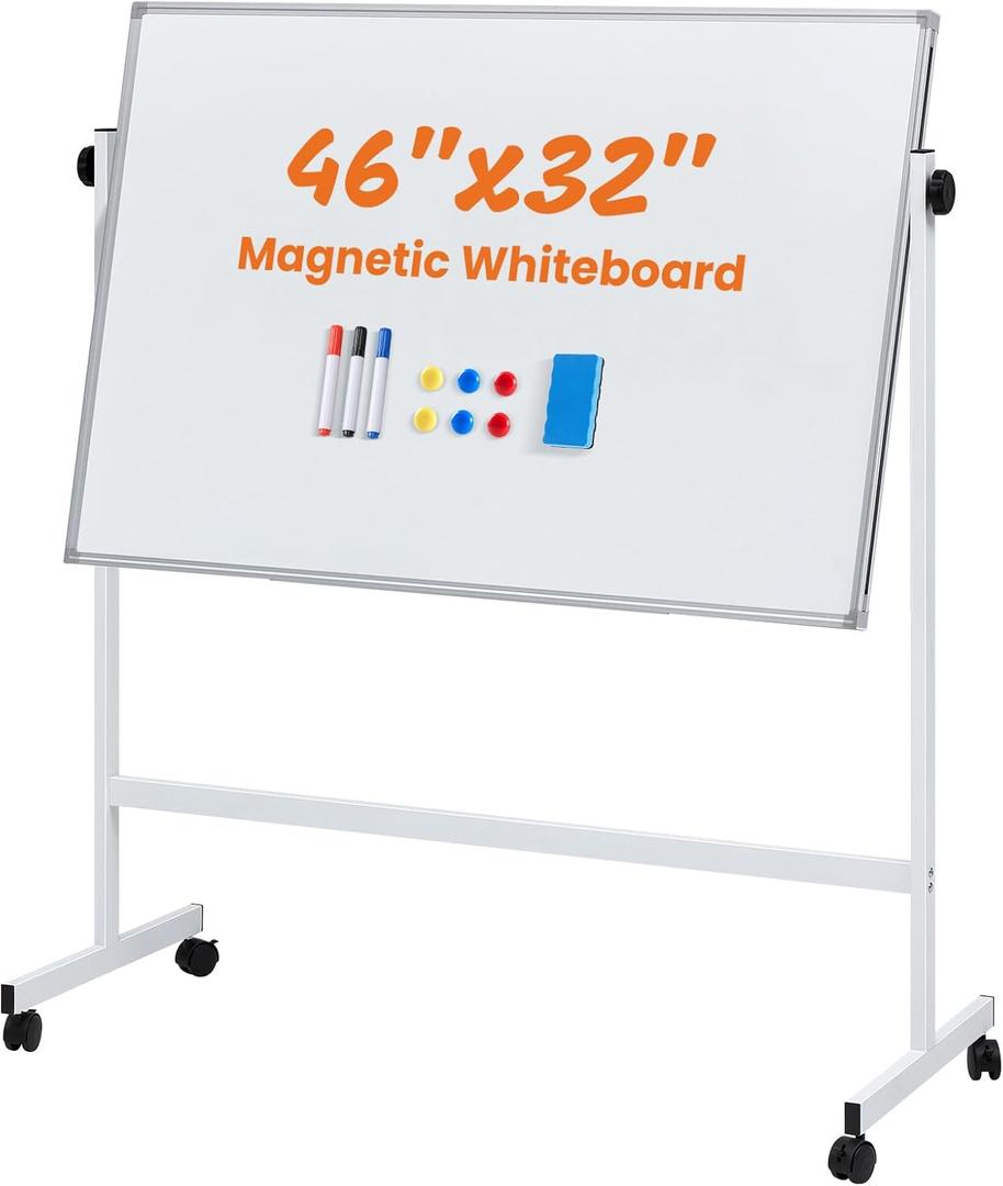 NEWBULIG Magnetic Whiteboard with Wheels 46" x 32", Dry Erase Board with Adjustable Rolling Stand, Heavy-Duty Aluminum Frame & Accessory Tray for Office, Classroom, Home & Presentations, White