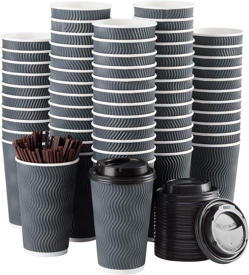 Disposable Coffee Cups with Lids and Straws - 16 oz (90 Set) Togo Hot Paper Coffee Cup with Lid To Go for Beverages Espresso Tea Insulated Reusable Cold Drinks Ripple Cups Protect Fingers From Heat