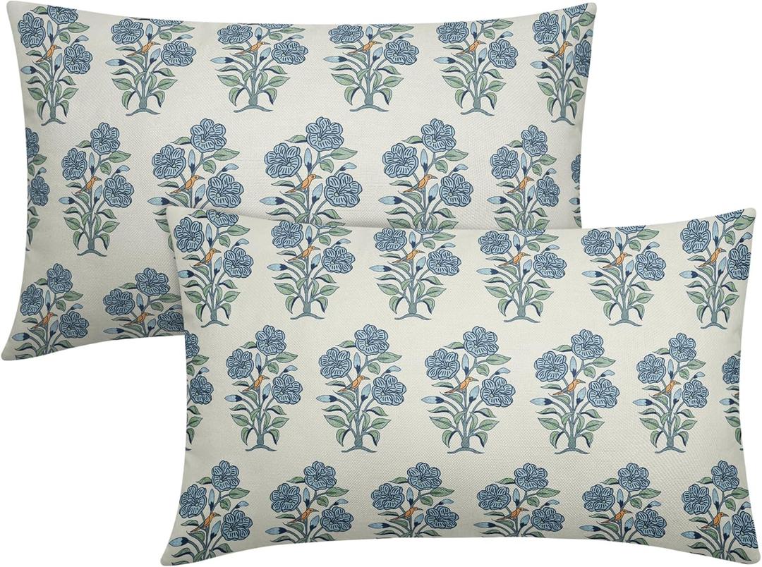 Sweetshow Blue Green Floral Throw Pillow Covers 12x20 Chinoiserie Flowers Leaves Birds Decorative Lumbar Pillows Outdoor Linen Farmhouse Cushion Case Pillowcase for Sofa Bed Room Decor Set of 2