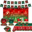 Christmas Party Decorations, Merry Christmas Party Supplies with Xmas Tree and Balls Theme, Disposable Tableware with Paper Plates, Napkins, Cups, Tableclot, Banner, Background Cloth (Serves 20)