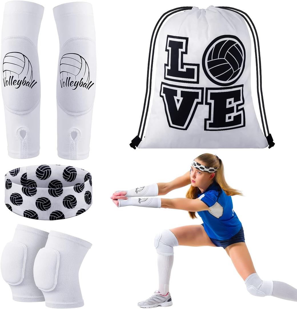 Yinder 4 Pcs Volleyball Knee Pad and Arm Sleeve Volleyball Accessories Stuff Forearm Elbow Sleeve Wrist Guard with Protection Pad and Thumb Hole for Women Men Adult (Small, White)