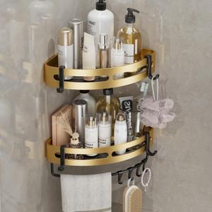 Adhesive Shower Corner Caddy2-Pack Heavy Duty Shower Corner Shelves Rack with 8 Hooks and 1 Towel BarRustproof Bathroom Organizer No Drilling Wall Mounted (Black/Gold)
