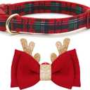 azuza Christmas Dog Collar, Plaid Dog Collar and Cute Glitter Reindeer Antler with Bowtie, Soft & Comfy Xmas Dog Collars, for Medium Dogs (M - Neck:14-20 inch)