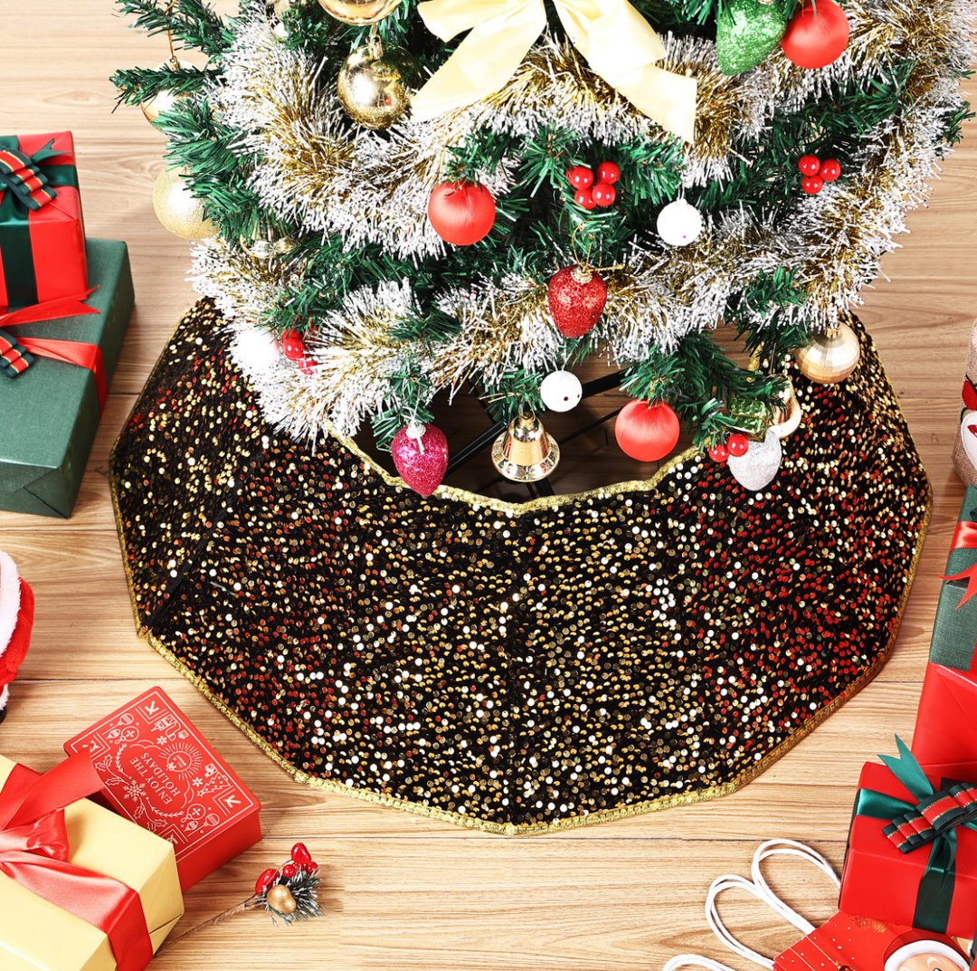 Mr. Pen Christmas Tree Collar, 28" Gold Sequin Base Cover for Artificial and Pencil Trees, Xmas Tree Collar