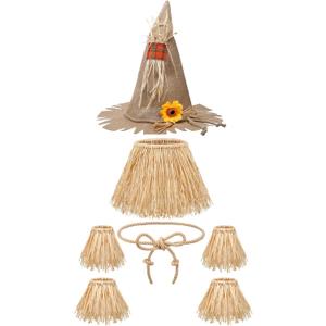 Geyoga 7 Pieces Scarecrow Costume Set Include Raffia Scarecrow Straw Kit Hat for Halloween Harvest Party Accessory (Linen Color)