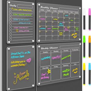 DIYMAG Magnetic Calendar for Refrigerator 4 PCS Dry Erase Whiteboard 15.2"x11.2" Magnet Fridge Wall Planners Planning Acrylic Clear Chalkboard Apartment Decor Meal Planner with 6 Colors Markers
