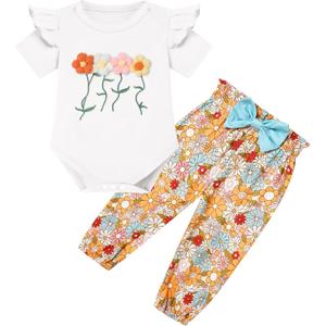 Baby Girls Clothes Newborn Bodysuits Short Sleeve Ruffle Romper and Floral Pants Set Infant Outfits 0-3 Months