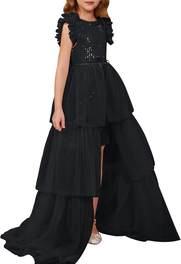 GRACE KARIN Girls Sequin Dress Formal Pageant Sparkle Party Ruffle Prom Maxi Dress Size 5-14Y (5-6 Years, Black)