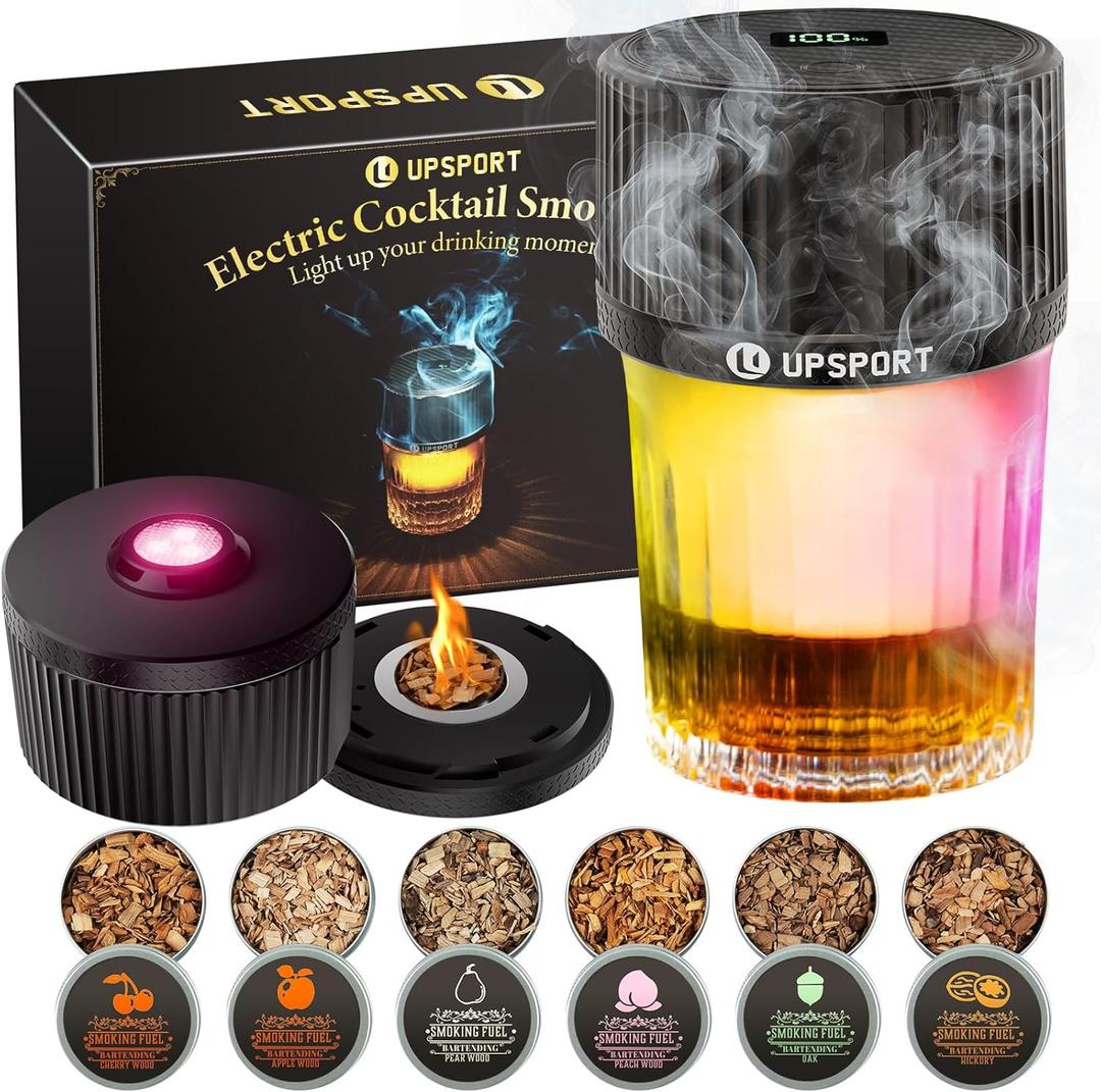 Electric Whiskey Smoker Kit with 4 Light Modes, Rechargeable Cocktail Smoker, 6 Wood Chips, No Butane Required, Christmas/Birthday Gifts for Men, Dad, Husband (FY01)