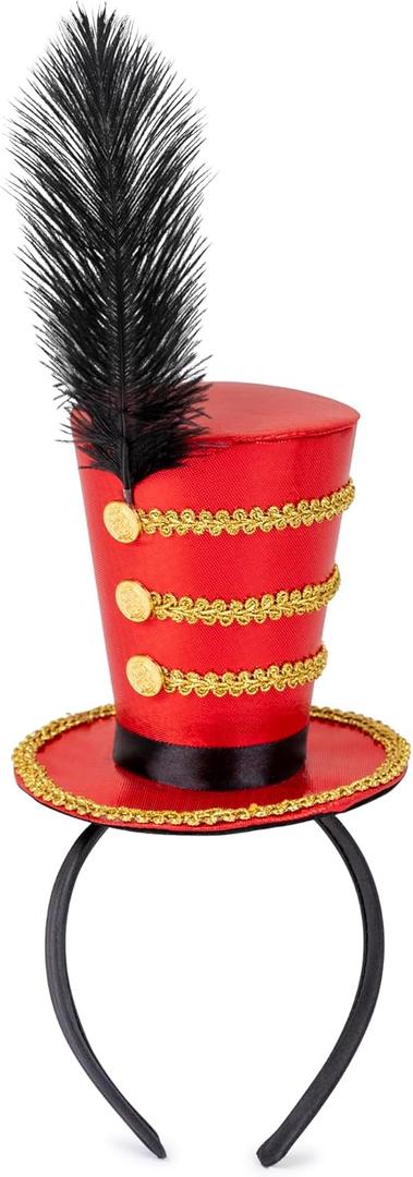 Dress Up America Ringmaster Hat for Girls  Mini Red Top Hat Headband with Feather & Gold Accents  Circus Costume Accessory