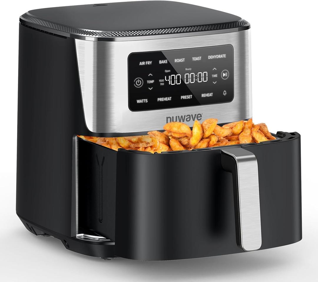 Nuwave Brio Plus 6-in-1 Air Fryer, 7-Qt Large Capacity, 50F400F Precise Temp Control, Non-Toxic PFAS-Free Nonstick, Air Fry, Bake, Roast, Toast, Dehydrate, Reheat, 100 Presets, Dishwasher Safe (Black)
