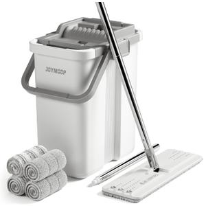 JOYMOOP Mop and Bucket with Wringer Set, Flat Squeeze Mop Flat Head, Dust Mops for Wall Cleaner with Long Handle, Hands-Free Microfiber Mops for Floor Cleaning - White (Large White Bucket #2 + 60" Flat Mop + 4 Pads)