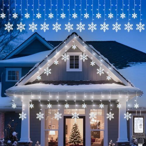 Brightown Christmas Snowflake Icicle Lights - 19.5FT 288LED Snowflake String Lights with 24 Drops, 12 Modes, Timer, IP65 Waterproof, Connectable Outdoor Xmas Lights for Indoor Outdoor, White