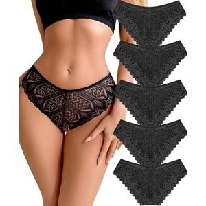 Sth Big Sexy Underwear for Women Lace Cheeky Panties Criss Cross Bikini Underwear Soft Breathe Seamless Panties 5 Pack (Medium)
