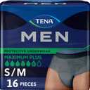 TENA Men Incontinence Underwear, Maximum Plus Absorbency, Adult Diapers, Small/Medium (Waist Sizes 34in-50in), 16 Count