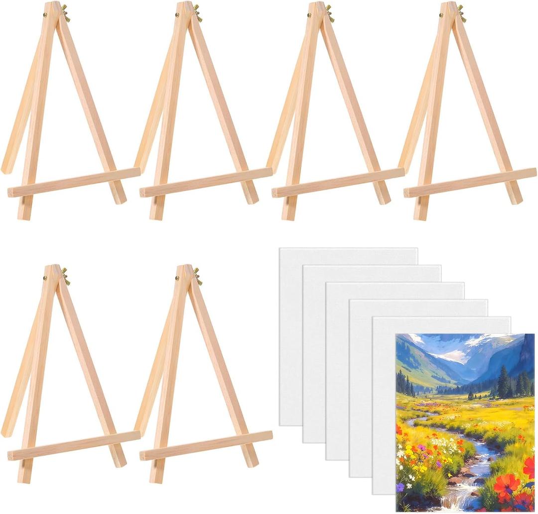 Canvas Boards with Easel for Painting 6 Pack 8x10 Inch Canvas Boards with Easel Stand, Wood Easels Beginners and Professionals Blank Cotton Painting Panels and Pine for Acrylic Oil Watercolor