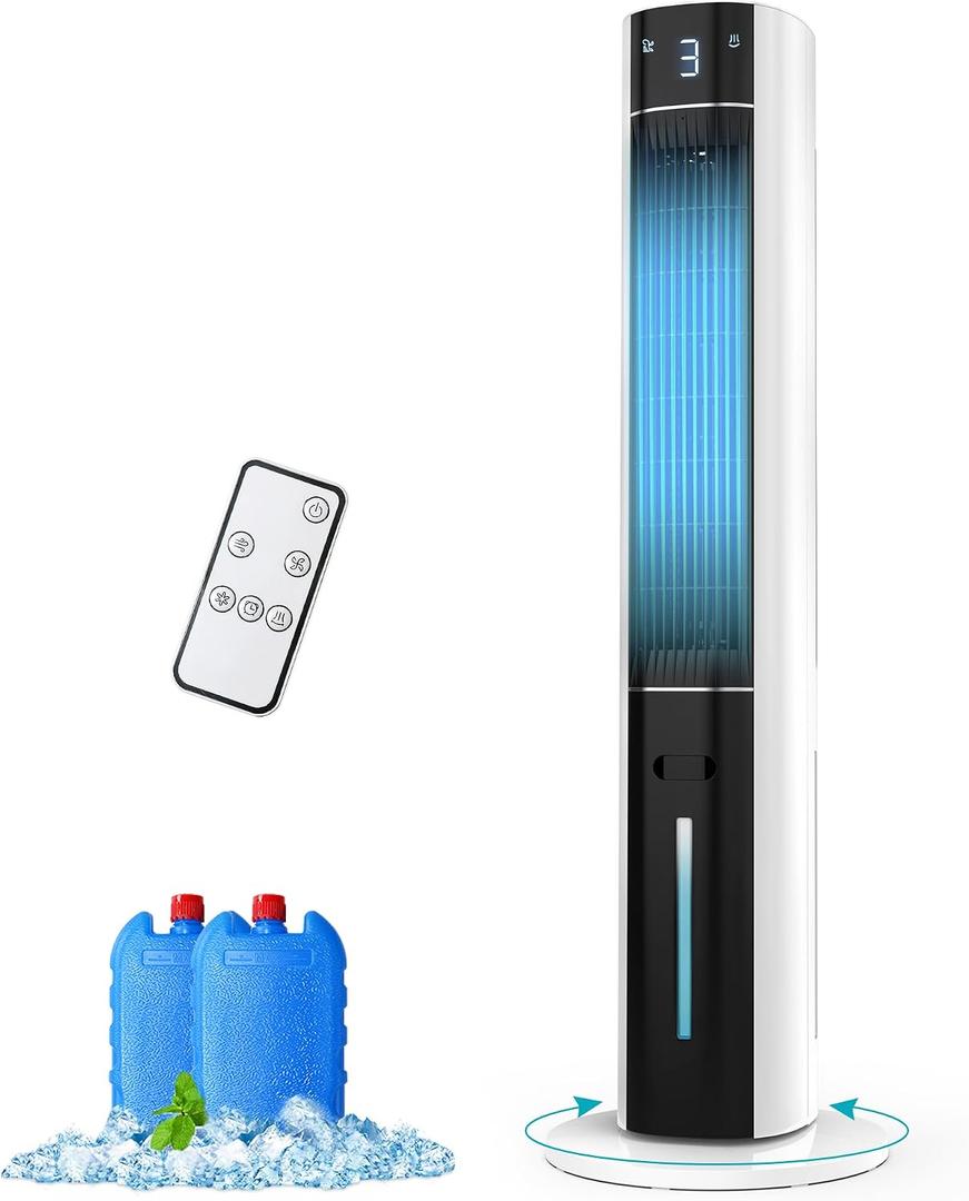 Evaporative Air Cooler - Swamp Cooler with 3L Water Tank, 3 Modes & 3 Speeds, Remote Control, 12H Timer, 50 Oscillating Portable Bladeless Cooling Tower Fan For Room Bedroom Office