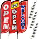 LookOurWay Feather Flag Pole Kit 3-Pack Bundle - 7ft Tall Grand Opening Advertising Banners with Poles and Ground Spikes - Open Red/White, Now Open Red/Yellow, Welcome Red/Blue