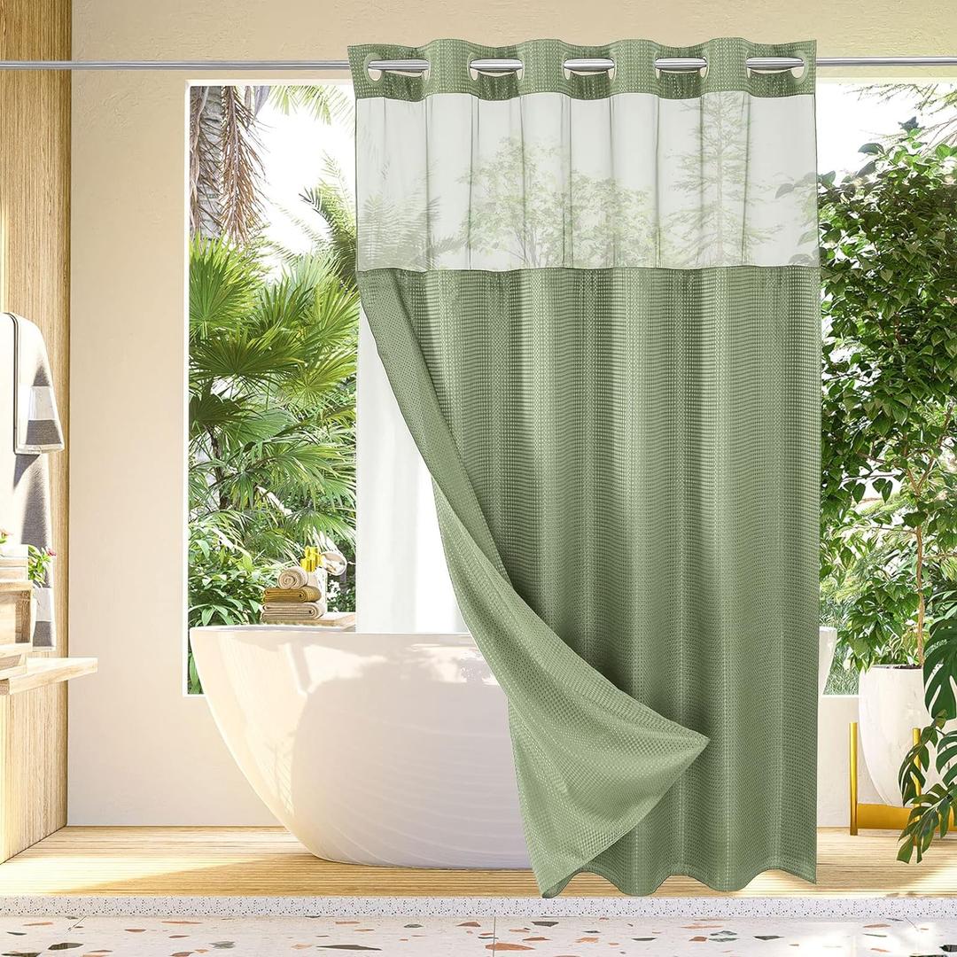 Gibelle No Hook Waffle Weave Shower Curtain with Snap-in Fabric Liner Set for Bathroom, Hotel Style with Mesh Top Window, Waterproof & Washable, Sage Green, 72x74