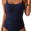 B2prity One Piece Swimsuit for Women Tummy Control Retro Bathing Suit Button Up Slimming Swimwear (Blue, XXL)