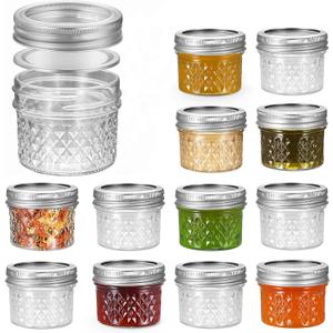 FRUITEAM 4 oz 12 PACK Mini Mason Jars with Lids and Bands, Quilted Crystal Jars Ideal for Spice, Honey, Jam, Body Butters, Jelly, Wedding Favors, DIY Candles Decor (4x12 Crystal)