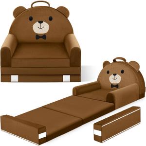 Kids Sofa Bed with Removable Washable Cover & Magic-Tape Backrest  Foldable Toddler Chair, Cozy Crystal Velvet Furniture for Playtime, Naps & Travel (Soft Brown, Bear Design)
