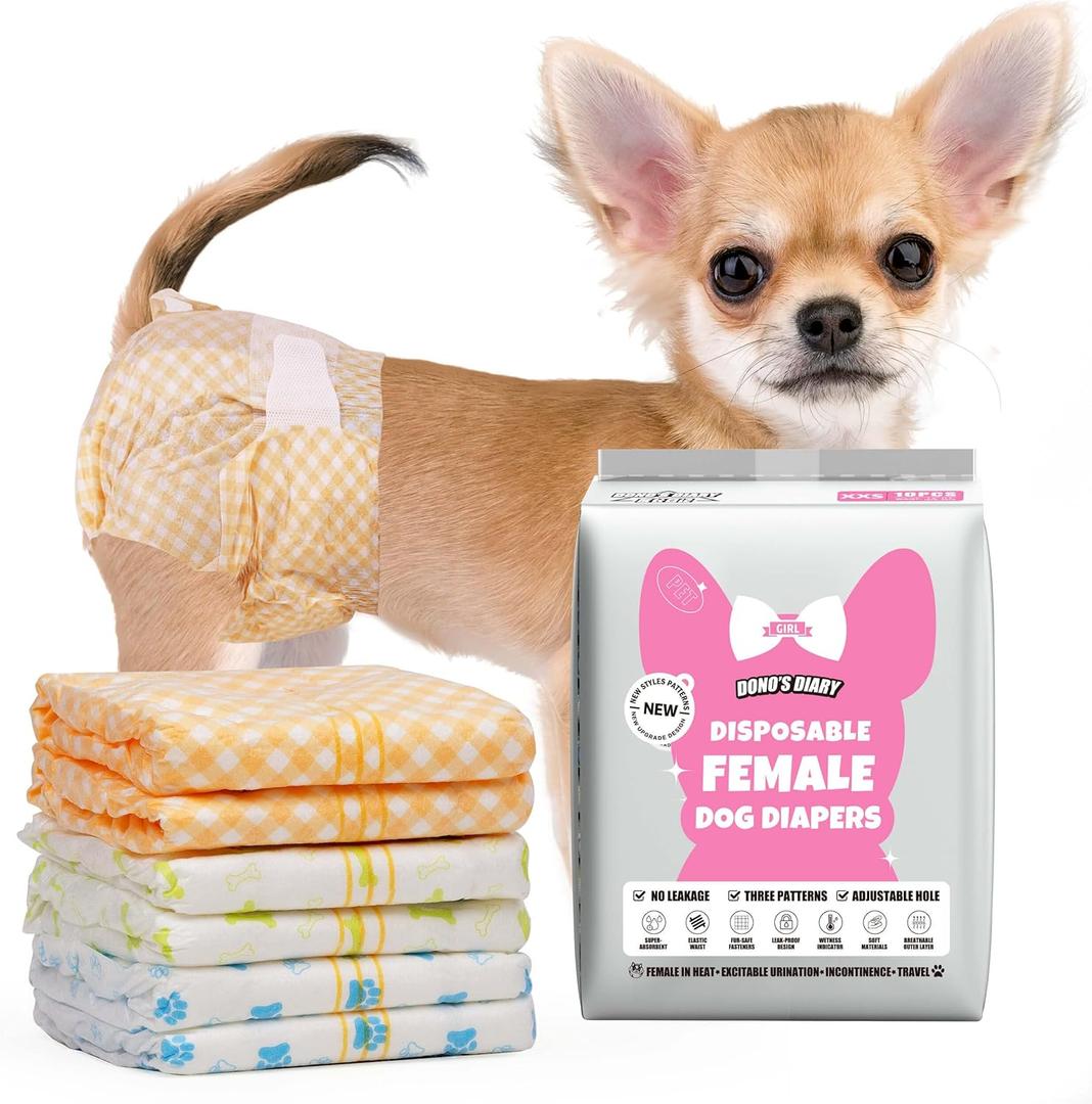 Dono Disposable Dog Diapers Female with Wetness Indicator, Disposable Doggie Diapers for Dogs in Heat, Super Absorbent Leak-Proof Pet Puppy Diapers Female for Peeing Small Medium Large Dogs (XXS(7.0-11 inch))