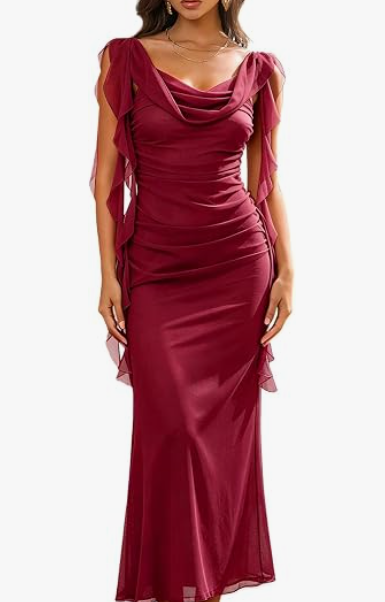 Monanoat  Women's Sleeveless Ruched Ruffle Evening Gown Maxi Dress Bodycon Party Mesh Formal Dresses (Red, Small)