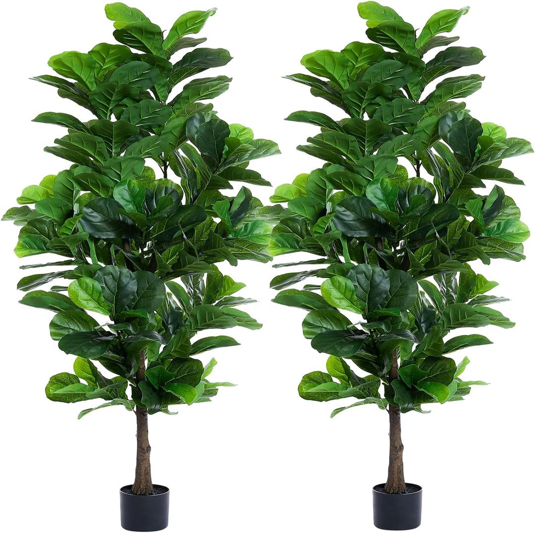 Fiddle Leaf Fig Tree 6ft Tall Artificial Tree in Pot Fake Ficus Lyrata Plants with 184 Decorative Fiddle Leaves Faux Fig Trees for Home Office Living Room Decor Indoor Outdoor, 2 Pack