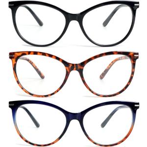 KoKoBin Reading Glasses for Women 3 Pairs Cat Eye Oversized Spring Hinge Fashion Readers (Black&blue&tortoise)