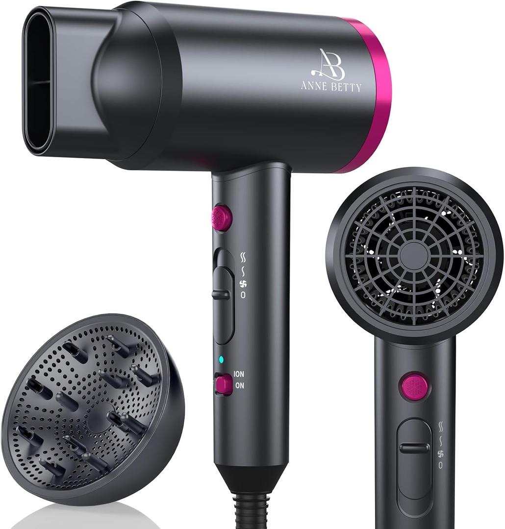 ANNE BETTY Ionic Hair Dryer with Diffuser, Powerful 1800W Blow Dryer for Women & Men, Fast-Drying Hair Dryer with Nozzle for Home, Salon, Travel, Dark Grey