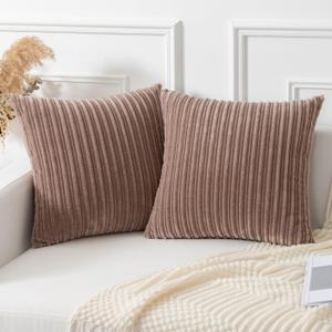 Kevin Textile Throw Pillow Covers Soft Corduroy Decorative Set of 2 Boho Striped Pillow Covers Pillowcases Farmhouse Home Decor for Couch Bed Sofa Living Room 22x22 Inch Light Brown