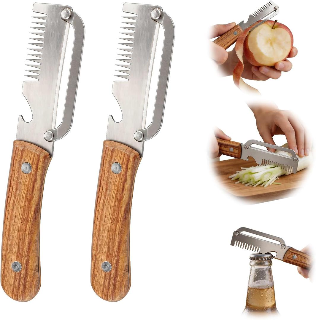 2 x Multifunctional Vegetable Peeler, 3 in 1 Potato Peeler with Wooden Handle, Green Onion Slicer with Bottle Opener Kitchen Tool for Peeling Veggie Fruit Pineapple Pumpkin Papaya Carrrot(2 Pack)