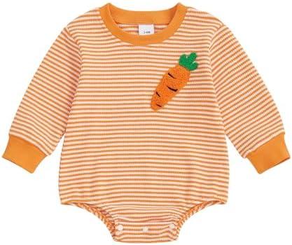 Pack Of 2 AHUGHAUE Baby Boy Girl Easter Outfit Sweatshirt Romper Striped Carrot/Bunny Long Sleeve Bubble Romper Waffle Knit Bodysuit 6-12 Months