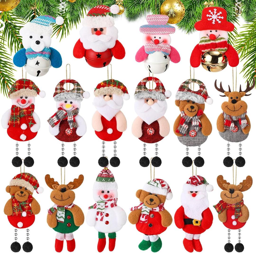 Skylety 16 Pcs Christmas Tree Plush Ornaments Santa Snowman Bear Christmas Tree Decorations Xmas Pendants Elk Snowman Bell Hanging Plush Doll Ornaments for Home Indoor Festival Season Party Decor Gift